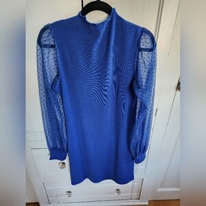 Elegant Blue Dress with Sheer Polka Dot Sleeves